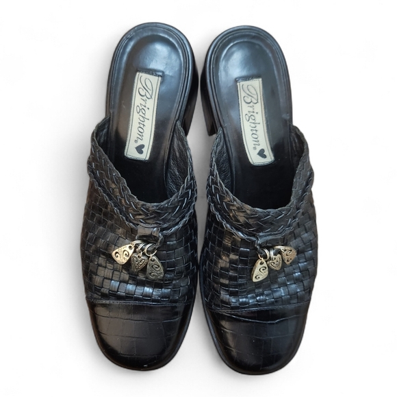 Brighton Vintage Franki Black Basket Weave Leather Heeled Clogs Mules Size 7.5 - Picture 2 of 10